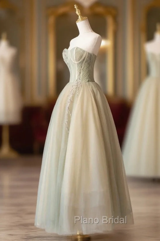 Cute Tulle Tea Length Formal Prom Dresses, Green A-Line Strapless Evening Party Dresses