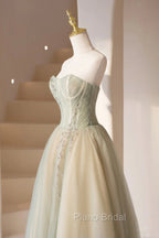 Cute Tulle Tea Length Formal Prom Dresses, Green A-Line Strapless Evening Party Dresses