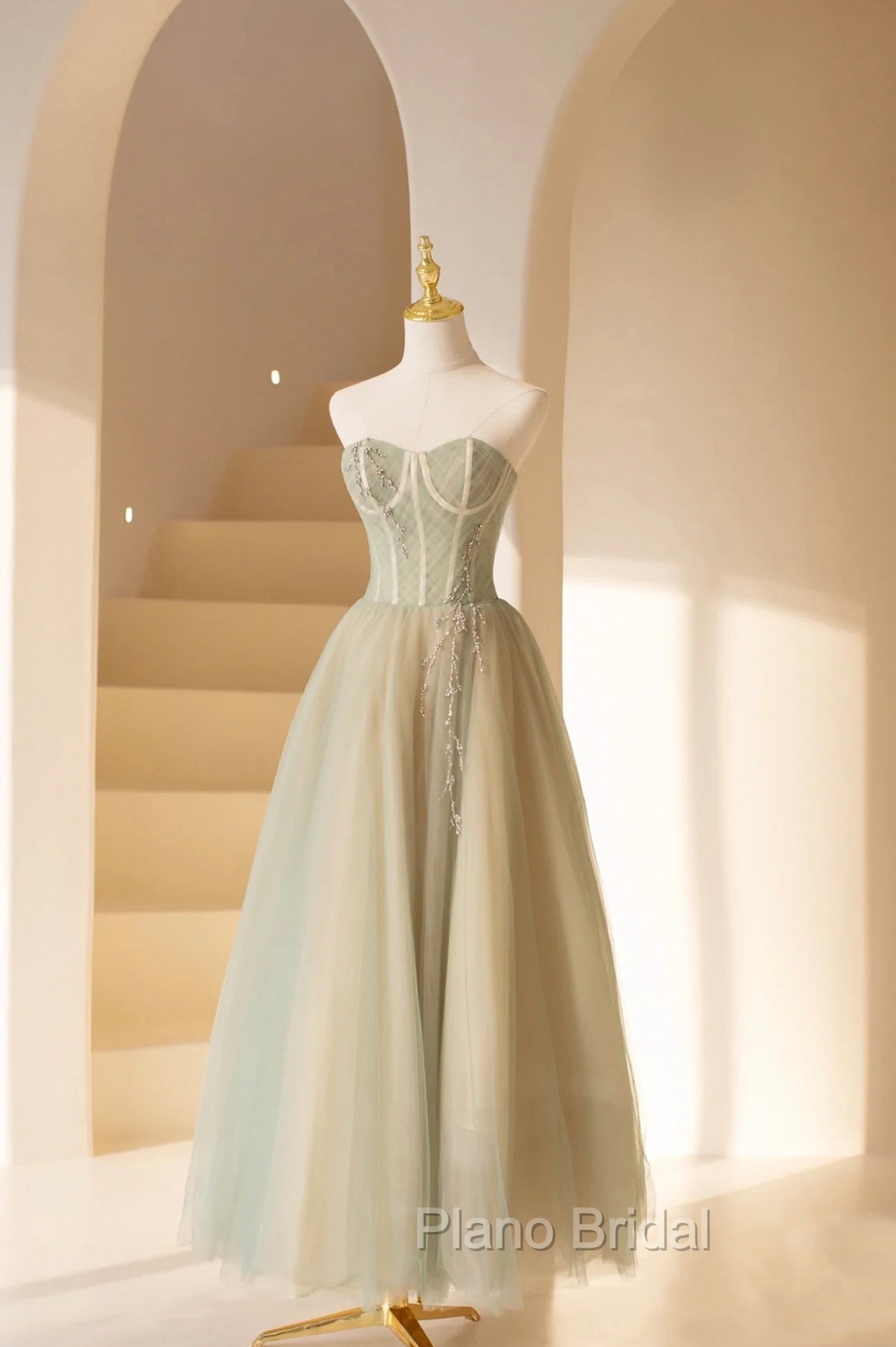 Cute Tulle Tea Length Formal Prom Dresses, Green A-Line Strapless Evening Party Dresses Main image