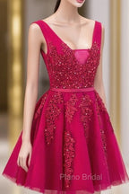 Cute Tulle V-neckline Beaded Short Formal Prom Dresses, Homecoming Dresses 2026