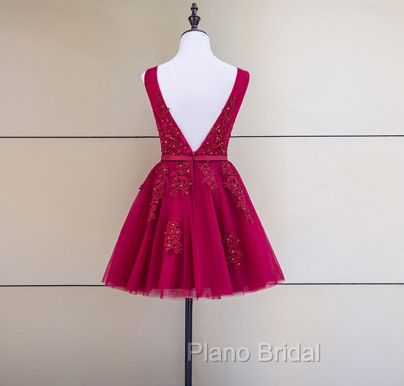 Cute Tulle V-neckline Beaded Short Formal Prom Dresses, Homecoming Dresses 2026