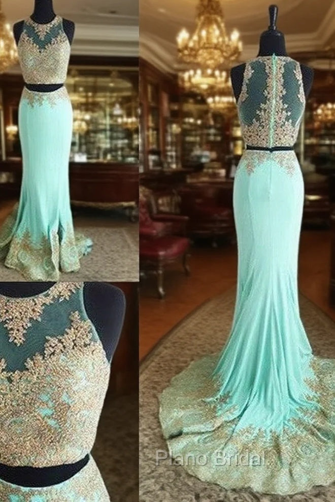 Cute Two Pieces Green Lace Mermaid Long Formal Prom Dresses, Evening Dresses