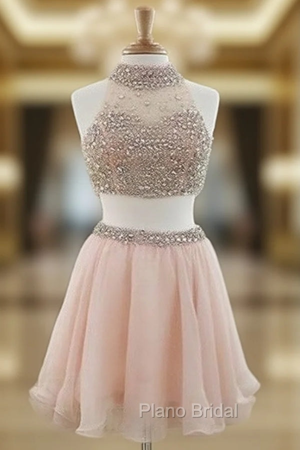 Cute Two Pieces Sequin Short Formal Prom Dresses, Cute Pink Homecoming Dresses