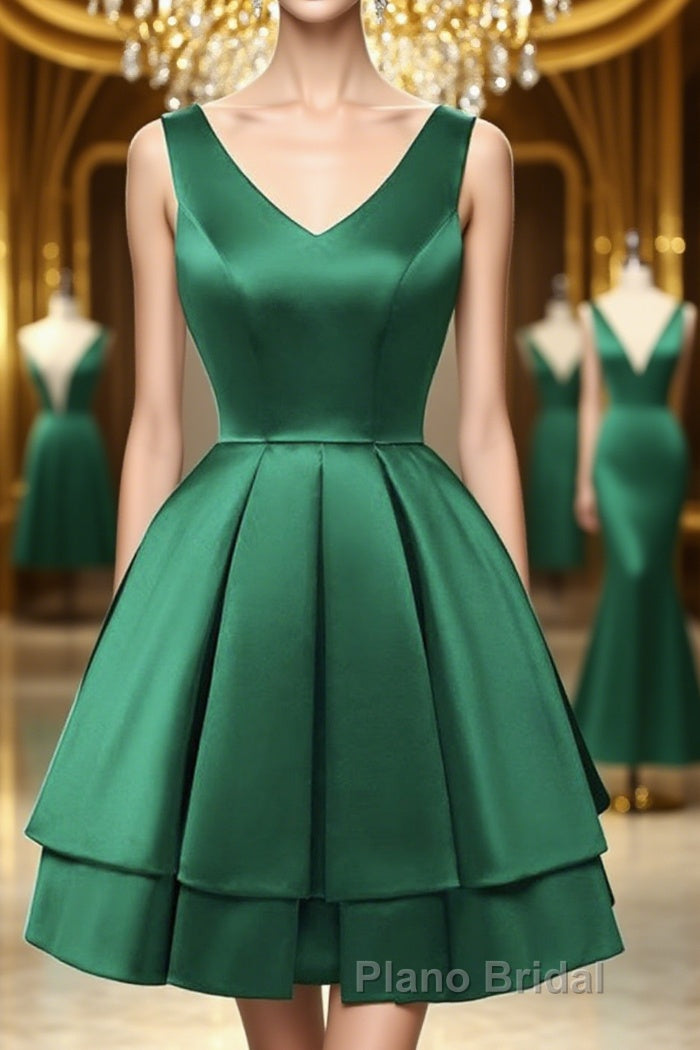 Cute V Neck and V Back Layered Green Short Formal Prom Dress, Short Green Homecoming Dress, Green Formal Evening Dress