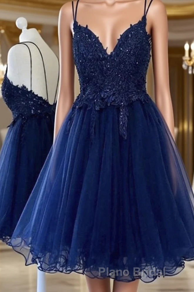 Cute V Neck Backless Blue Lace Short Formal Prom Dresses, Blue Lace Homecoming Dresses, Blue Formal Evening Dresses Main image