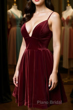 Cute V Neck Backless Burgundy Velvet Short Formal Prom Homecoming Dress, Backless Maroon Formal Graduation Evening Dress