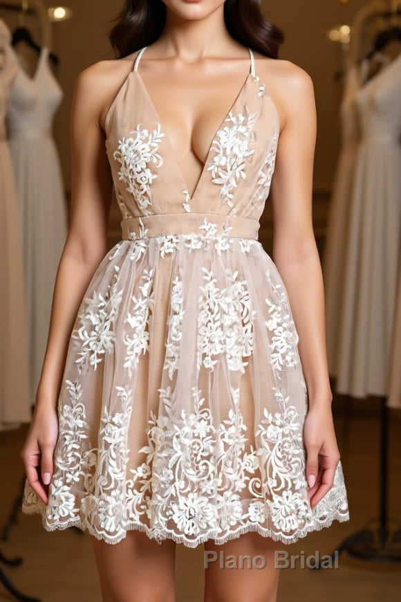 Cute V Neck Backless Pink Lace Appliques Short Formal Prom Dress, Pink Lace Formal Graduation Homecoming Dress