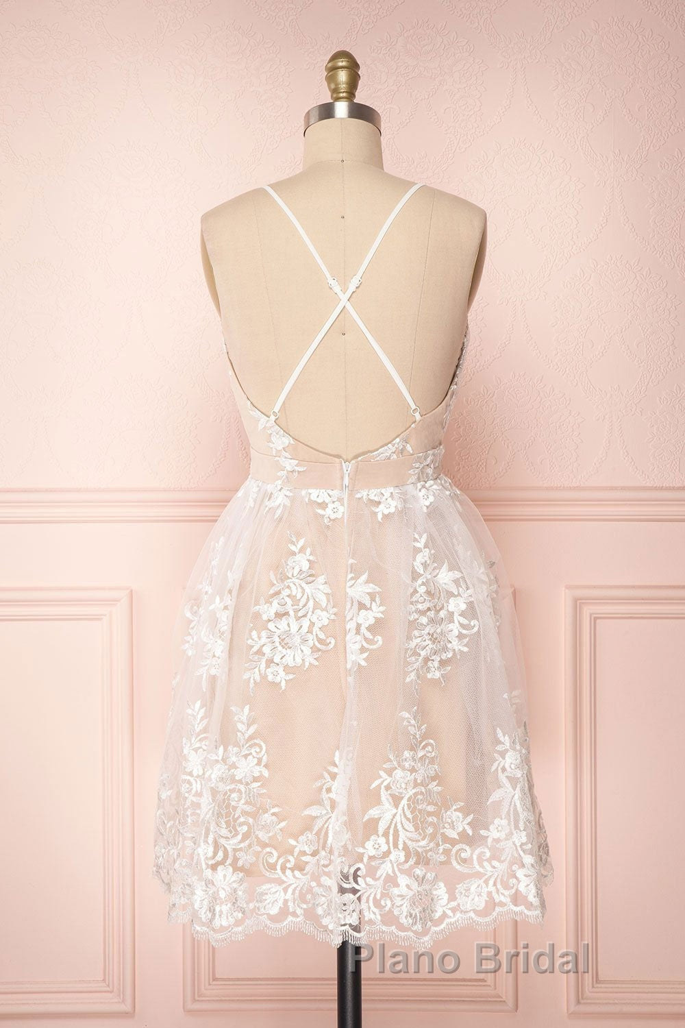 Cute V Neck Backless Pink Lace Appliques Short Formal Prom Dress, Pink Lace Formal Graduation Homecoming Dress Secondary image