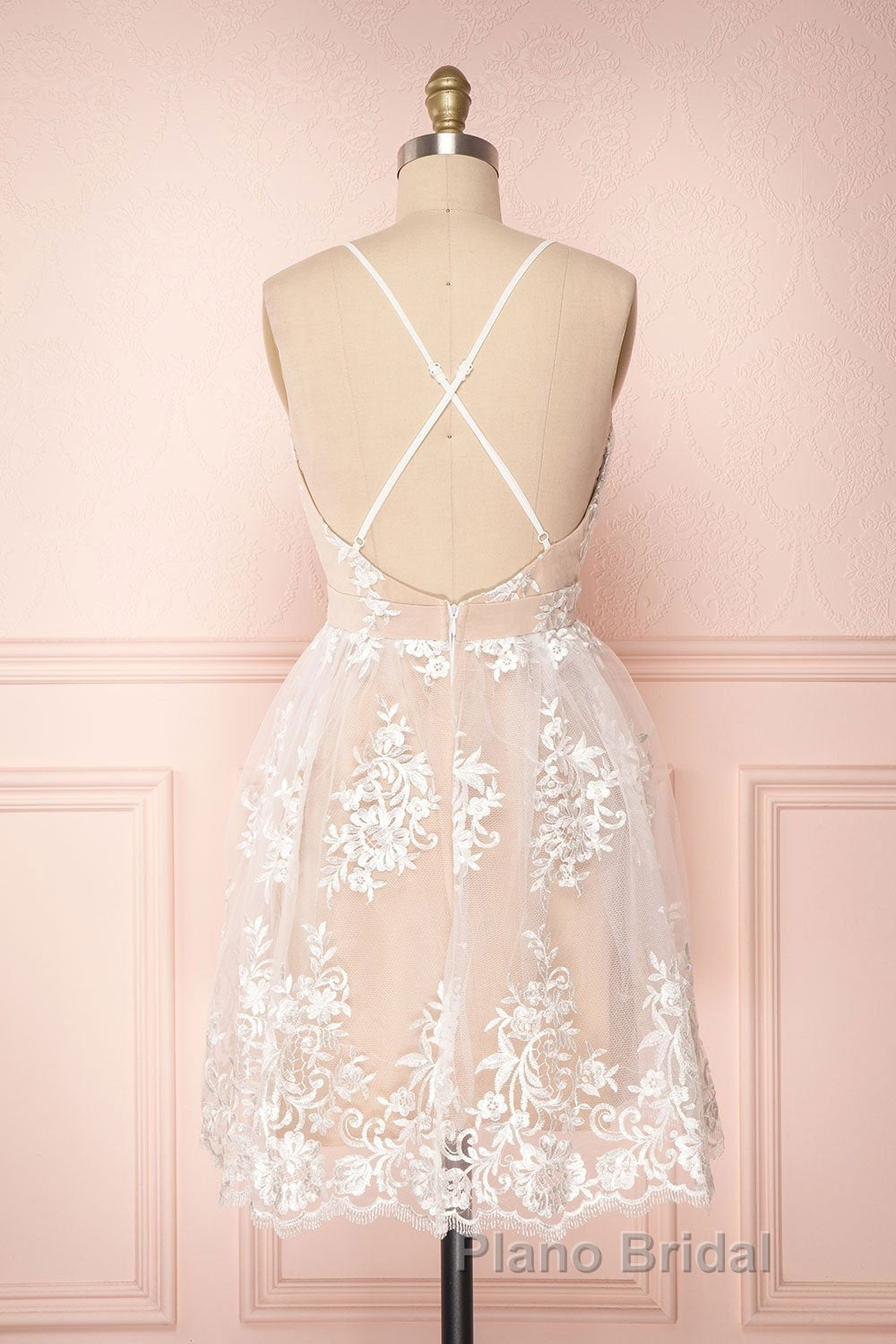 Cute V Neck Backless Pink Lace Appliques Short Formal Prom Dress, Pink Lace Formal Graduation Homecoming Dress