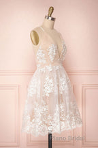 Cute V Neck Backless Pink Lace Appliques Short Formal Prom Dress, Pink Lace Formal Graduation Homecoming Dress