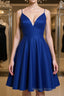 Cute V Neck Backless Short Royal Blue Formal Prom Dress with Straps, Backless Royal Blue Formal Graduation Homecoming Dress