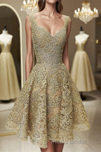 Cute V Neck Golden Lace Short Formal Prom Dresses, Golden Lace Homecoming Dresses, Golden Formal Evening Dresses