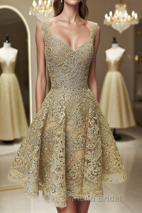 Cute V Neck Golden Lace Short Formal Prom Dresses, Golden Lace Homecoming Dresses, Golden Formal Evening Dresses