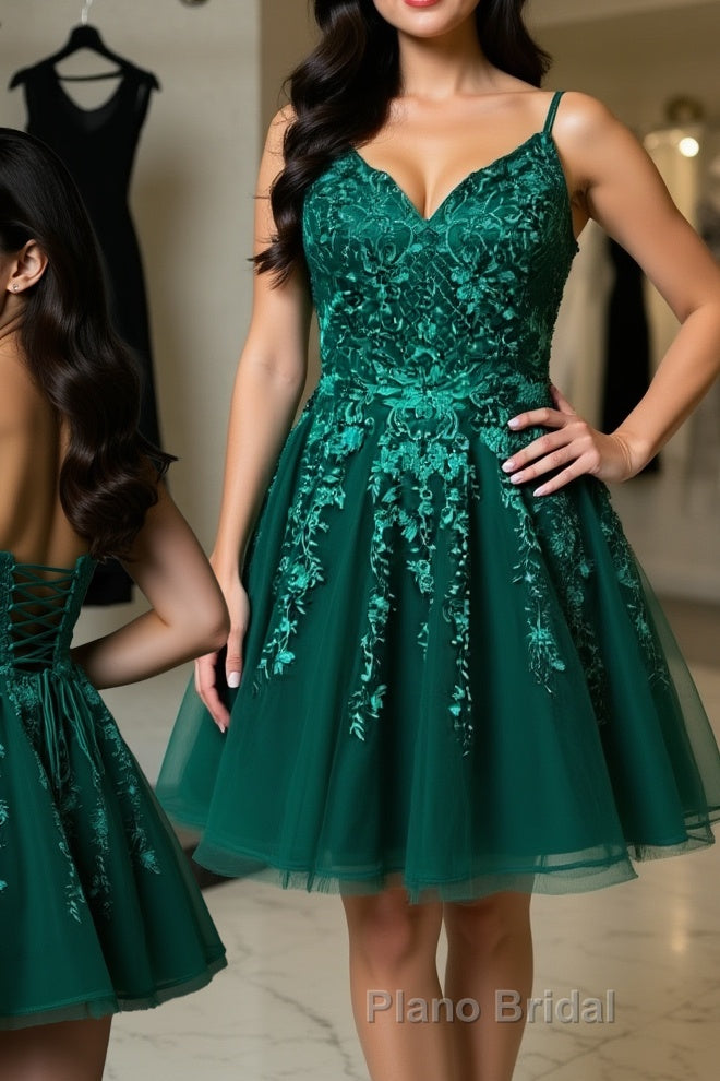 Cute V Neck Green Lace Short Formal Prom Homecoming Dresses, Green Lace Formal Dresses, Green Evening Dresses