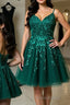 Cute V Neck Green Lace Short Formal Prom Homecoming Dresses, Green Lace Formal Dresses, Green Evening Dresses