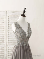 Cute V Neck Lace Chiffon Gray Short Prom Dress Gray Homecoming Dress