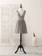 Cute V Neck Lace Chiffon Gray Short Prom Dress Gray Homecoming Dress