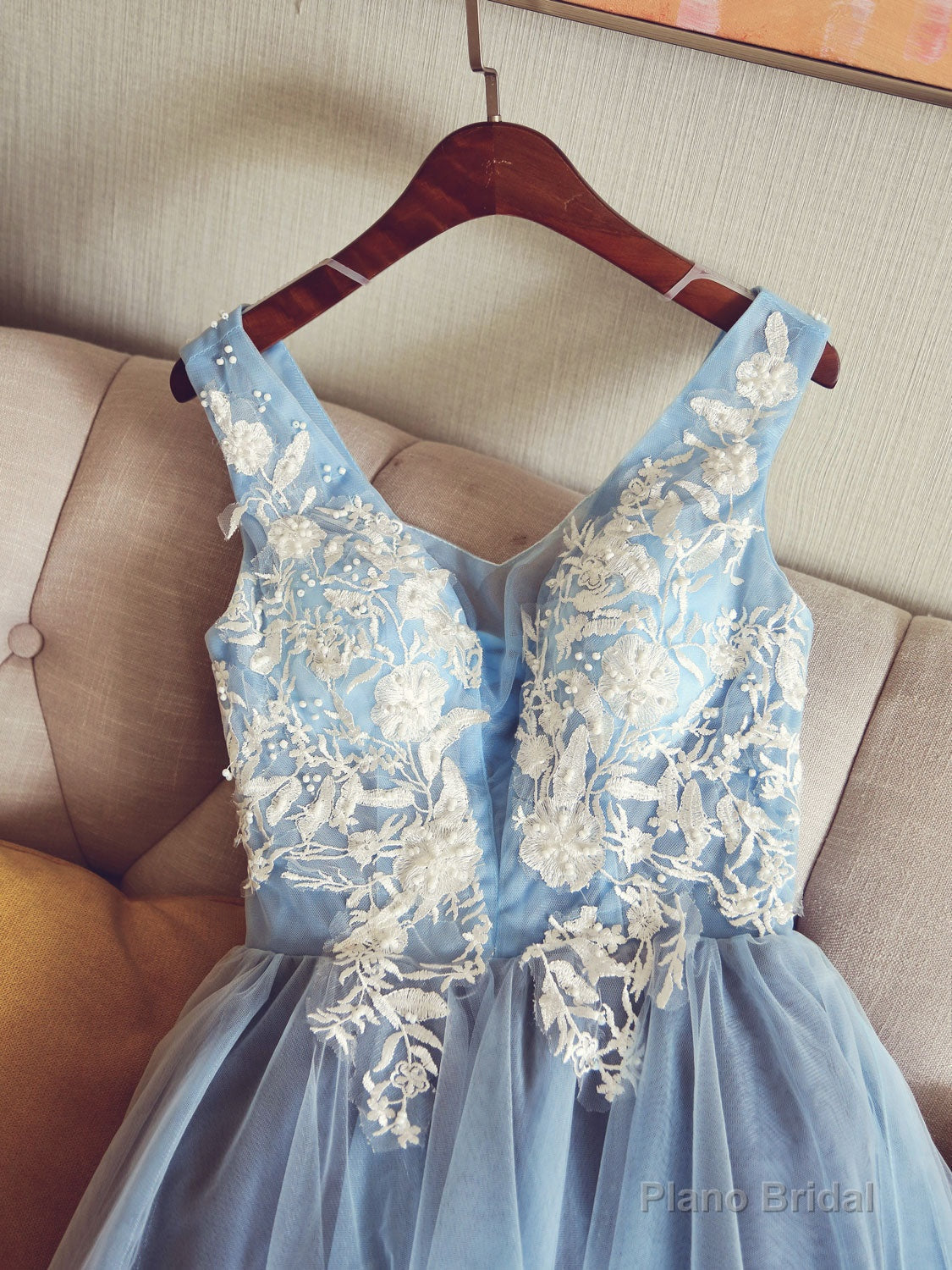 Cute V Neck Light Blue Tulle Lace Short Prom Dress Blue Homecoming Dress Secondary image