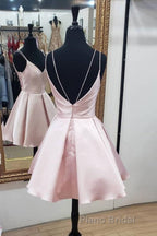 Cute V Neck Open Back Pink Short Formal Prom Dress, Backless Pink Homecoming Dress, Short Pink Formal Evening Dress