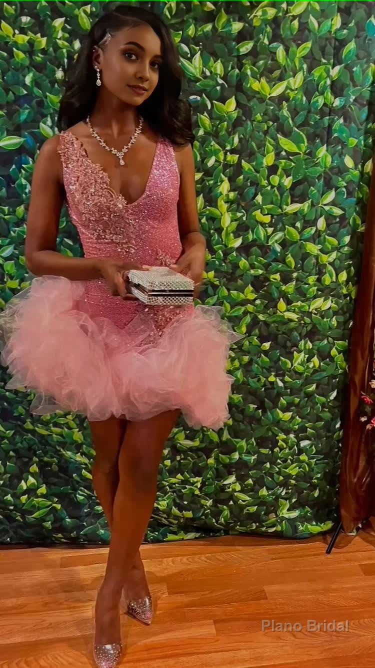 Cute V Neck Pink Short Homecoming Dress and Bottom Tulle Ruffles,Pink Birthday Outfit Dress Main image