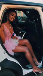 Cute V Neck Pink Short Homecoming Dresses Tulle Ruffles Pink Birthday Outfit Dresses