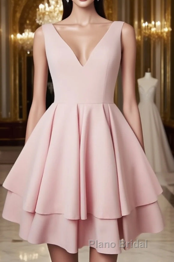 Cute v neck pink short Formal Prom dress. pink homecoming dress Main image