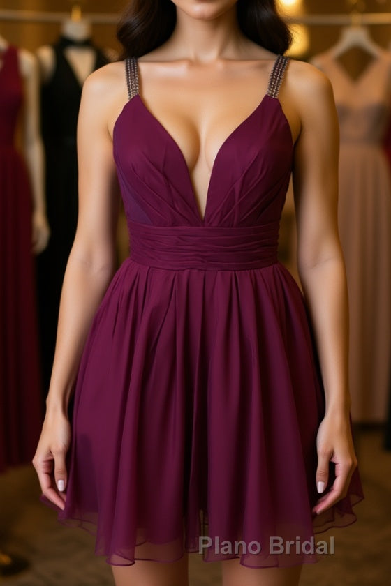 Cute V Neck Purple Chiffon Short Formal Prom Dresses Homecoming Dresses, V Neck Purple Formal Dresses, Purple Evening Dresses Cocktail Dresses Main image