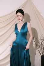 Cute V-Neck Satin Long Formal Prom Dresses, Blue A-Line Low Back Formal Evening Party Dresses