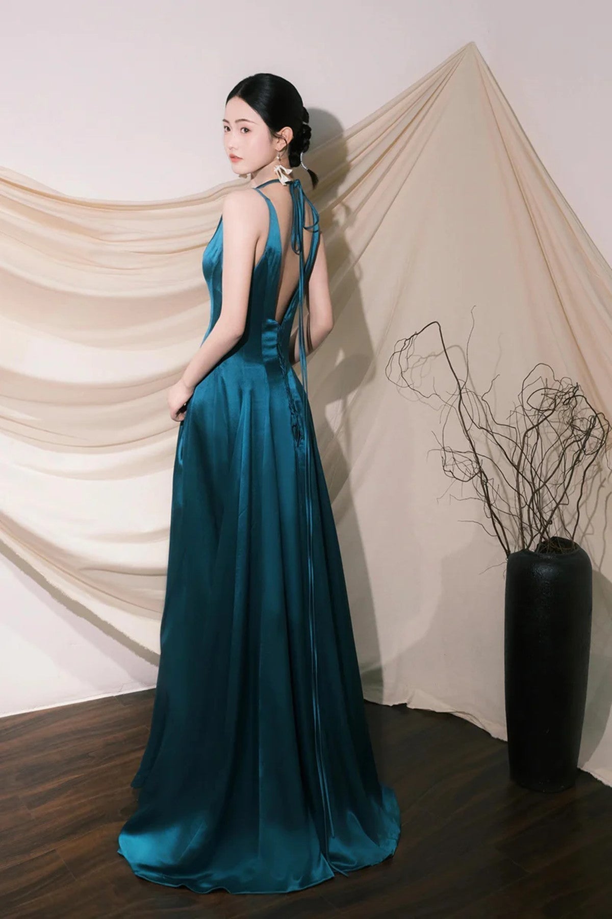 Cute V-Neck Satin Long Formal Prom Dresses, Blue A-Line Low Back Formal Evening Party Dresses