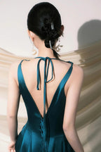 Cute V-Neck Satin Long Formal Prom Dresses, Blue A-Line Low Back Formal Evening Party Dresses
