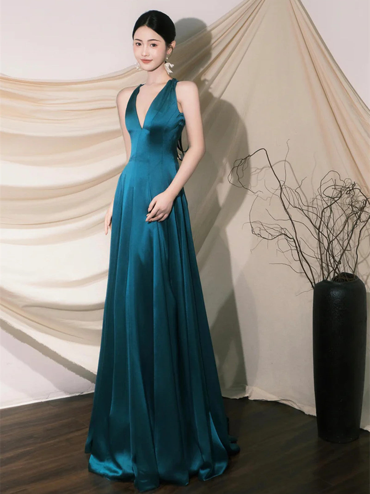 Cute V-Neck Satin Long Formal Prom Dresses, Blue A-Line Low Back Formal Evening Party Dresses Main image