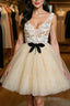 Cute V Neck Short Champagne Lace Formal Prom Dress with Beading, Short Champagne Lace Formal Graduation Homecoming Dress