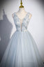 Cute V-Neck Tulle Long Formal Prom Dresses, Gray Evening Dresses Party Dresses