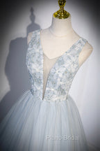 Cute V-Neck Tulle Long Formal Prom Dresses, Gray Evening Dresses Party Dresses