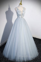 Cute V-Neck Tulle Long Formal Prom Dresses, Gray Evening Dresses Party Dresses