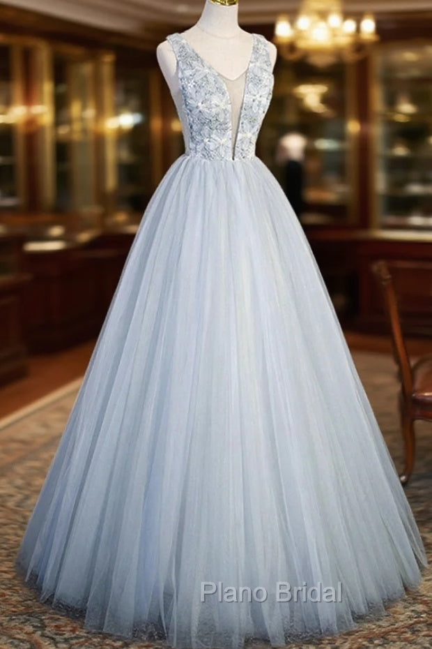 Cute V-Neck Tulle Long Formal Prom Dresses, Gray Evening Dresses Party Dresses