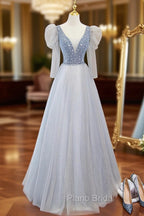 Cute V-Neck Tulle Long Formal Prom Dresses with Beaded, A-Line Long Sleeve Evening Dresses