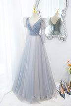 Cute V-Neck Tulle Long Formal Prom Dresses with Beaded, A-Line Long Sleeve Evening Dresses