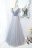 Cute V-Neck Tulle Long Formal Prom Dresses with Beaded, A-Line Long Sleeve Evening Dresses