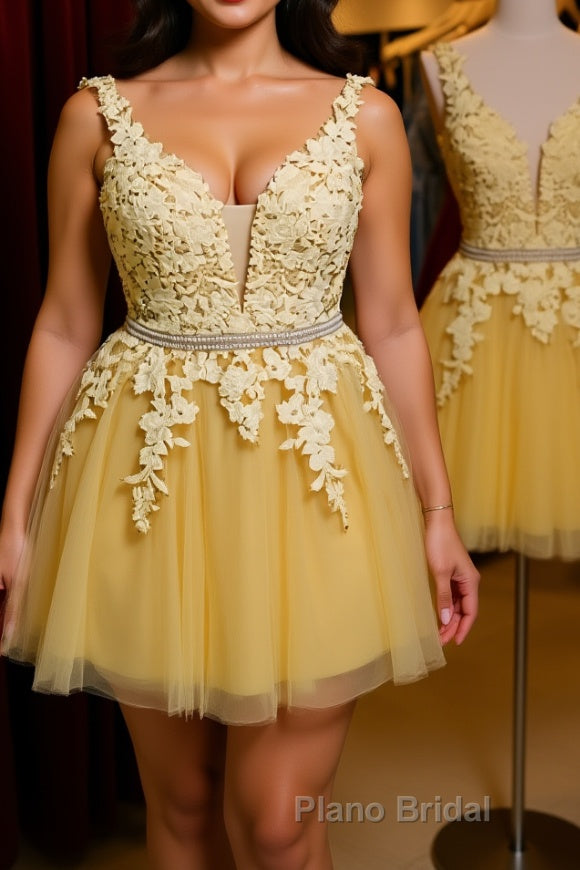 Cute V Neck Yellow Lace Short Formal Prom Dress with Belt, Yellow Lace Homecoming Dress, Short Yellow Formal Evening Dress