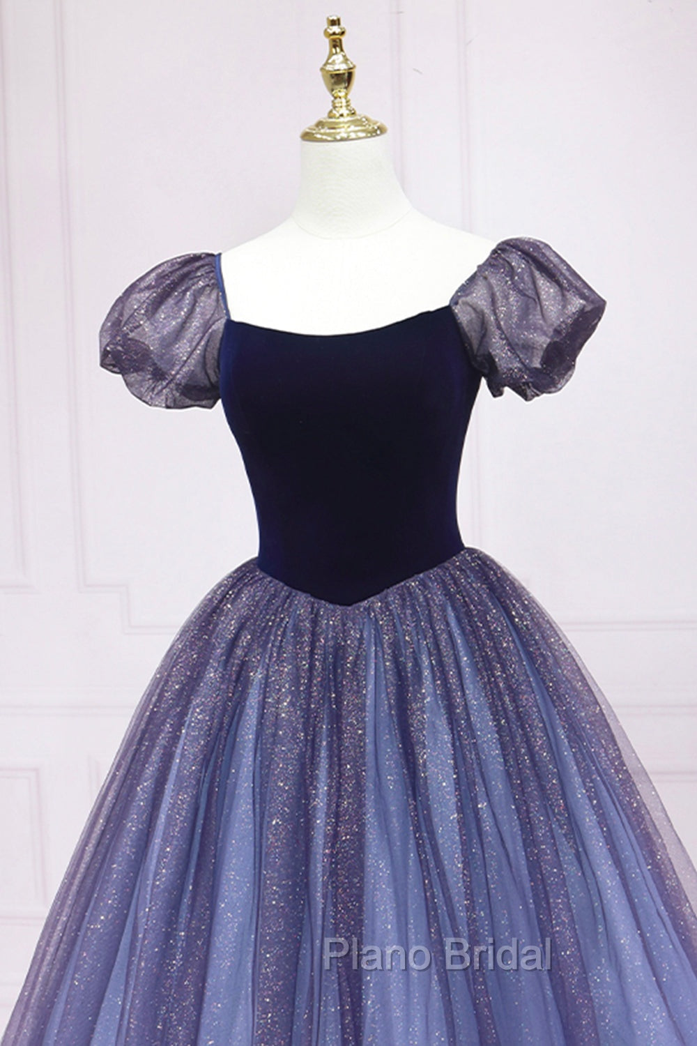 Cute Velvet Tulle Long Formal Prom Dresses, A-Line Short Sleeve Graduation Dresses Secondary image
