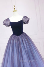 Cute Velvet Tulle Long Formal Prom Dresses, A-Line Short Sleeve Graduation Dresses