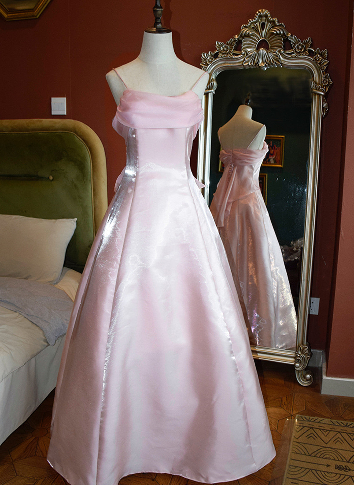 Cute Pink Long Satin Straps Long Party Dresses, A-Line Satin Formal Prom Dresses Main image