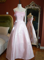 Cute Pink Long Satin Straps Long Party Dresses, A-Line Satin Formal Prom Dresses