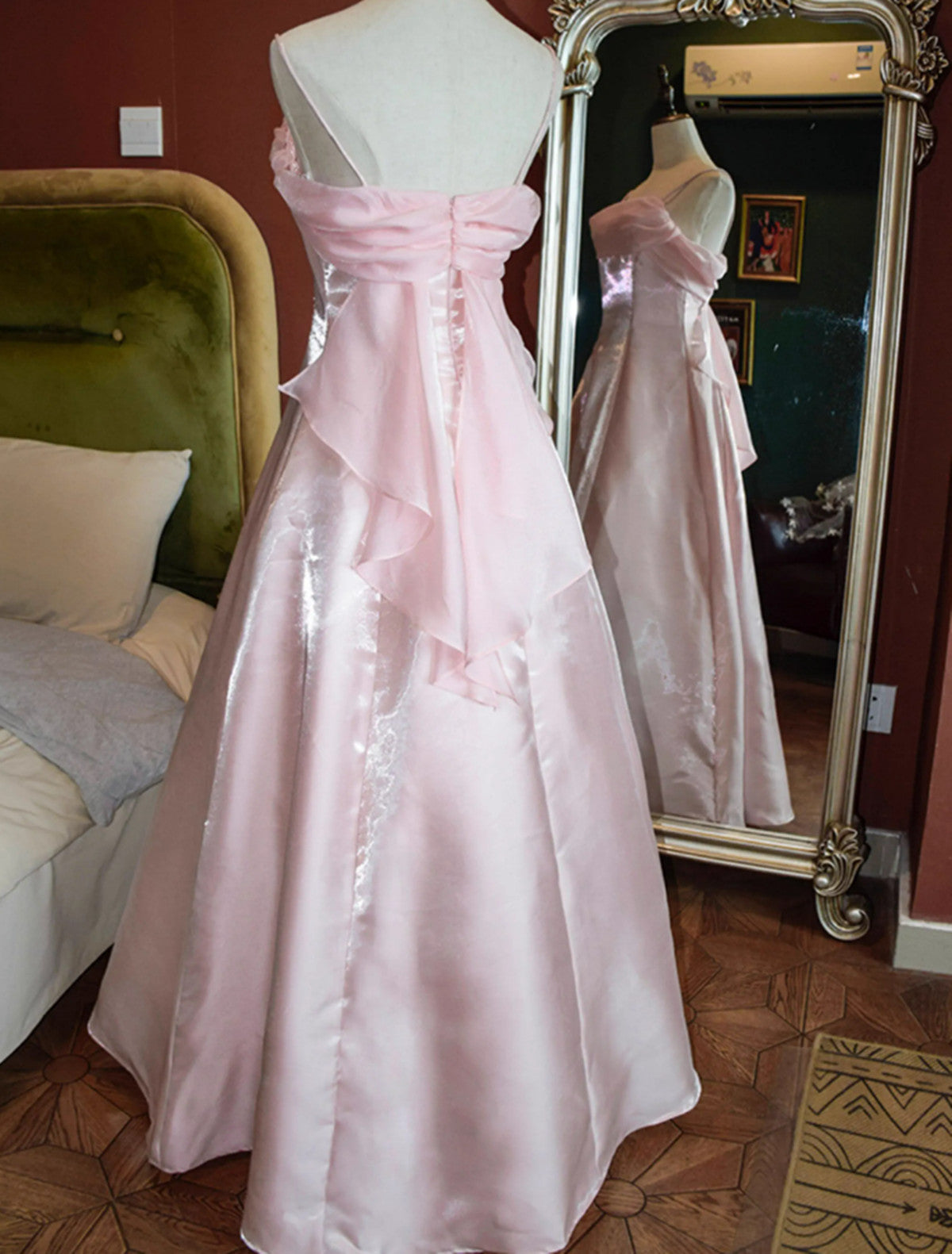 Cute Pink Long Satin Straps Long Party Dresses, A-Line Satin Formal Prom Dresses Secondary image