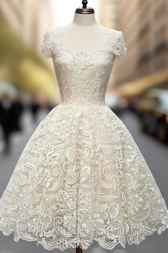 Cute White Lace Short Formal Prom Dresses, Lace Bridesmaid Dresses Main image