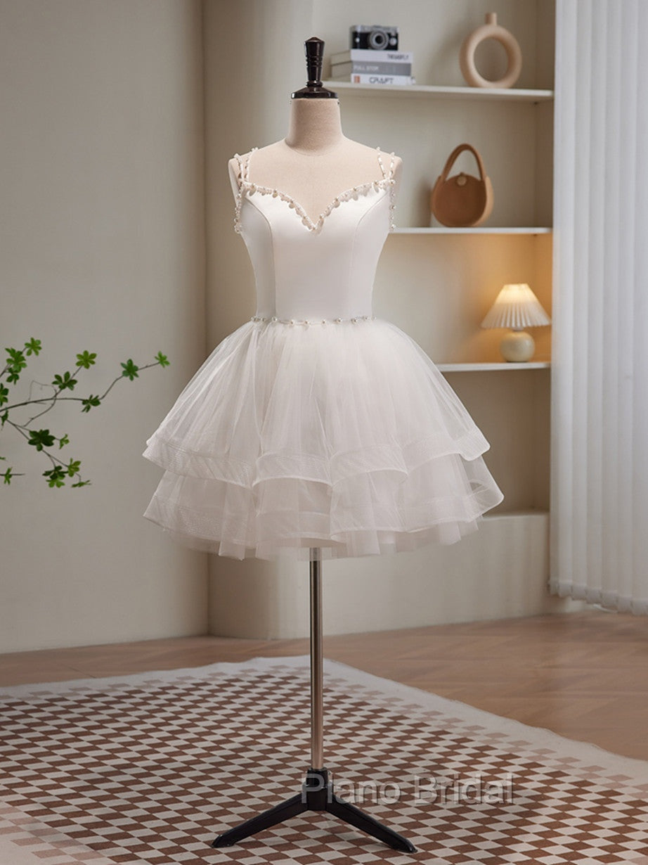 Cute White Short Tulle Beaded Graduation Dresses, White Short Formal Prom Dresses Formal Dresses Secondary image