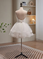 Cute White Short Tulle Beaded Graduation Dresses, White Short Formal Prom Dresses Formal Dresses