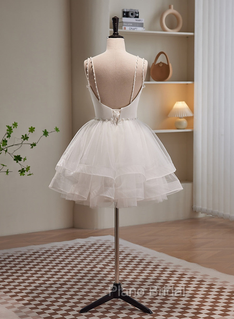 Cute White Short Tulle Beaded Graduation Dresses, White Short Formal Prom Dresses Formal Dresses