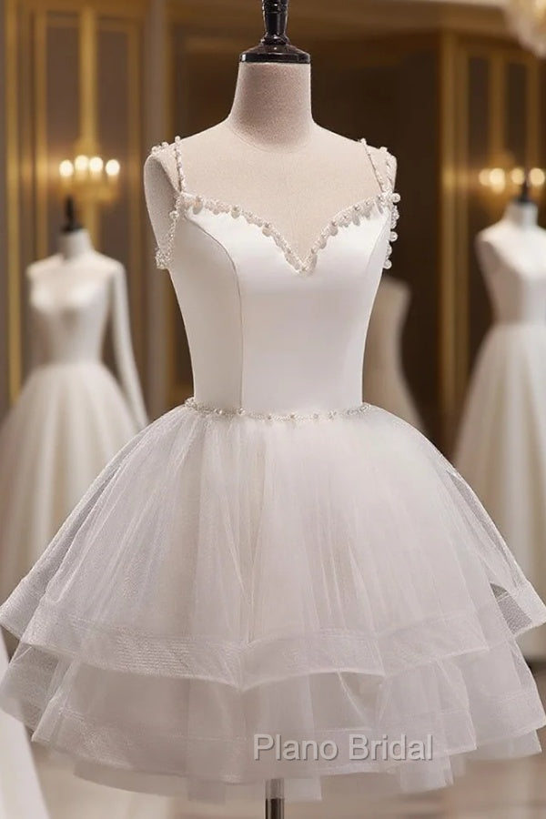 Cute White Short Tulle Beaded Graduation Dresses, White Short Formal Prom Dresses Formal Dresses Main image